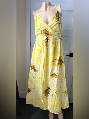 H&M Yellow Sunflower Print Spaghetti Strap Midi Dress